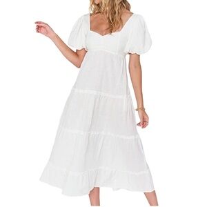 Show Me Your Mumu Sz L Women's White Poof Sleeve Smocked Odette Midi Dress NWT